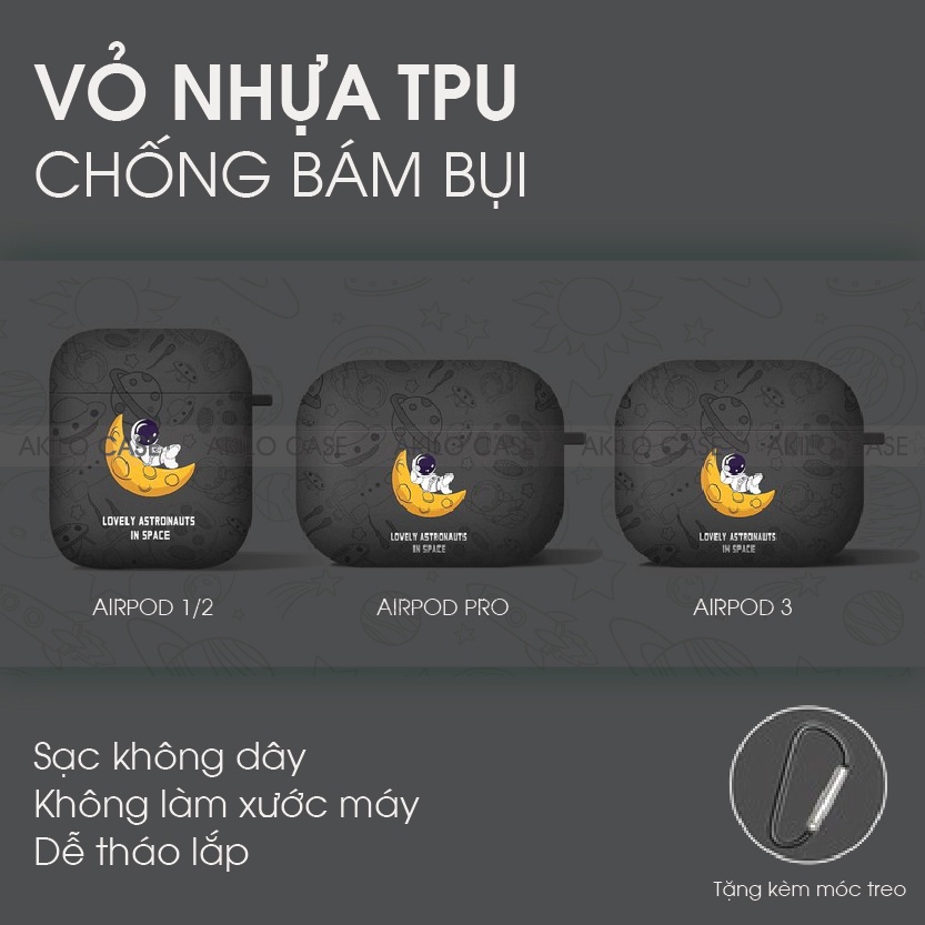 Case airpod 3, vỏ airpod pro ốp tai nghe bluetooth airpod 2 silicon kèm móc khóa Airpod 2 pro Phi hành gia AKIL