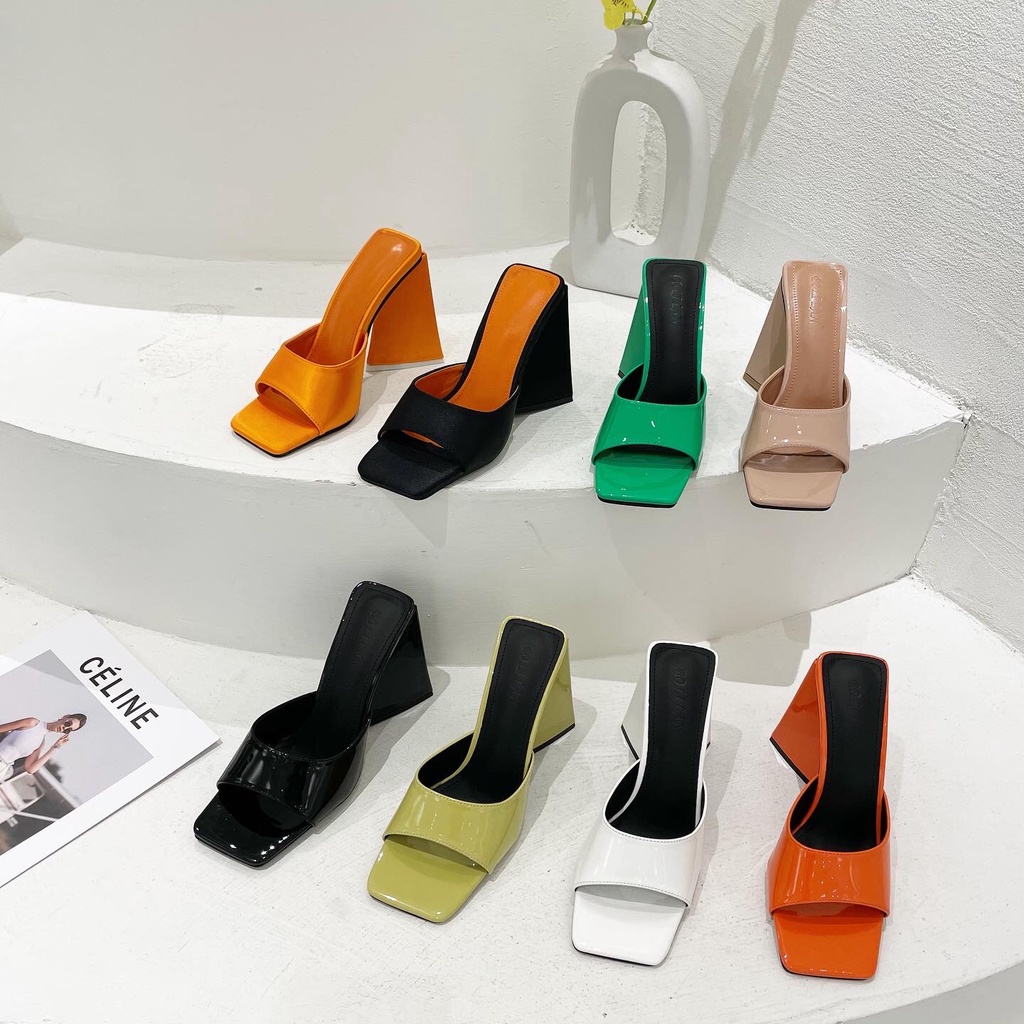 Giày guốc cao gót tam giác quai ngang khuyết mũi vuông thời trang mới nhiều màu rẻ bền đẹp đi chơi du lịch đẹp YUKIBLOOM