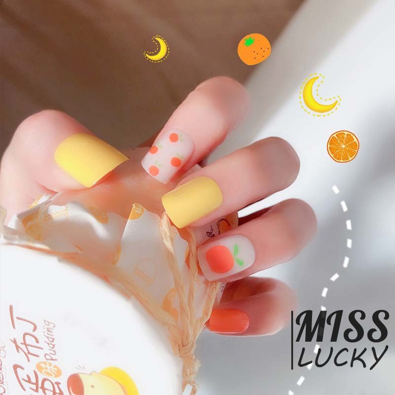 ❤HHN-VN Summer Sweet Orange Fake Nail Art Stickers Ins Women Beauty Manicure Fruit Pattern Square Fa