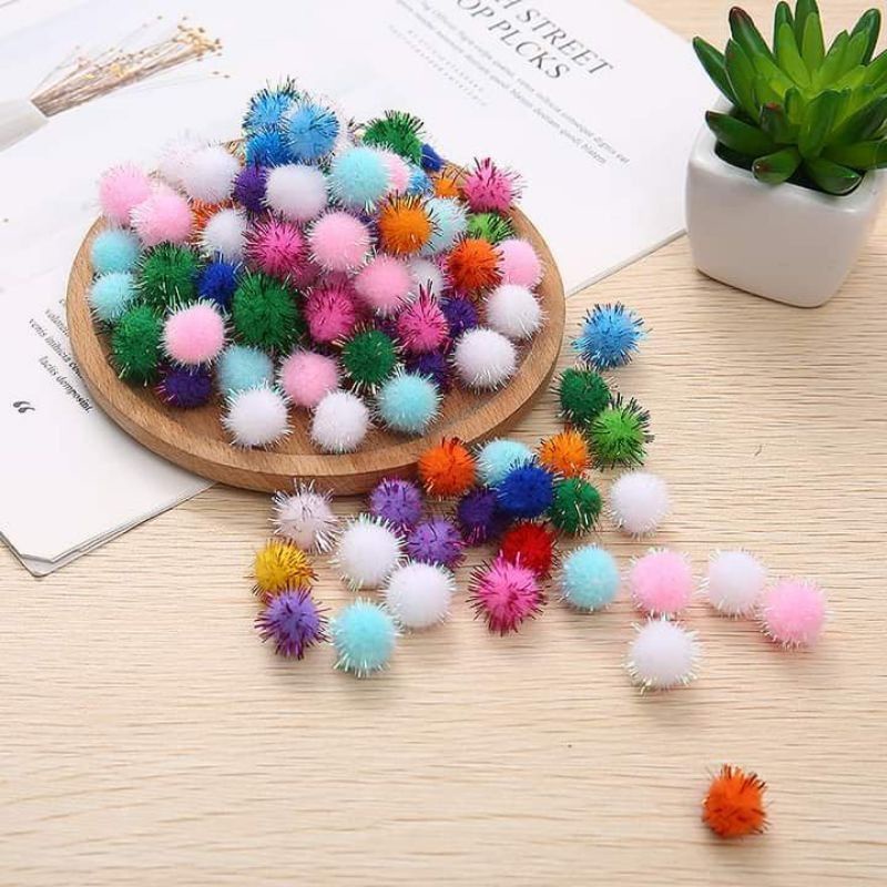 (siêu rẻ) quả pom pom (bông) trơn hoặc Xù kim tuyến làm đồ handmade, đồ chơi thủ công cho bé, kẹp tóc, lọ hoa , phụ kiện