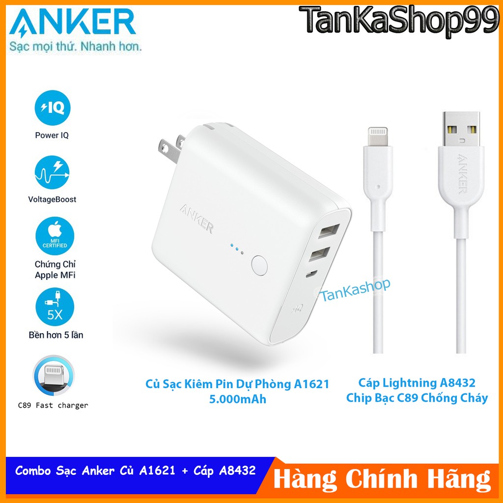 Combo Anker Củ Sạc Kiêm Pin Dự Phòng 5.000mAh A1621 + Cáp Lightning A8432 Chip Bạc C89 Chống Cháy