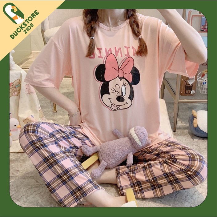 đồ mặc nhà thu đông nữ quần dài mickey hồng caro xinh xắn lịch sự