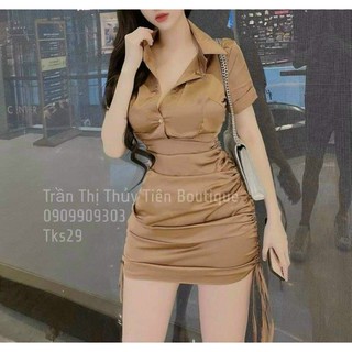 Đầm body sơ mi nhún sườn 2 bên