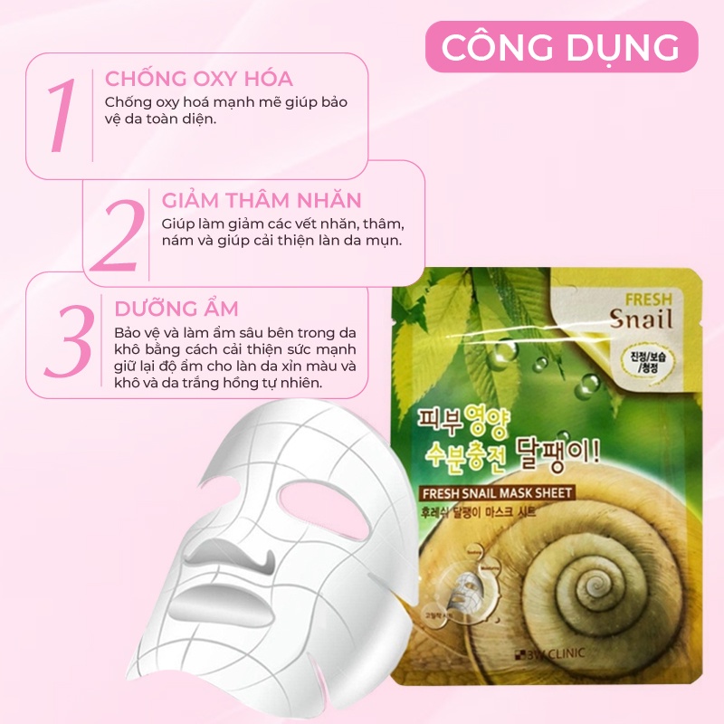Mặt nạ giấy dưỡng da 3W Clinic Hàn Quốc chiết xuất dịch nhầy ốc sên giúp dưỡng ẩm giảm mụn trắng da và mềm mịn 23ml