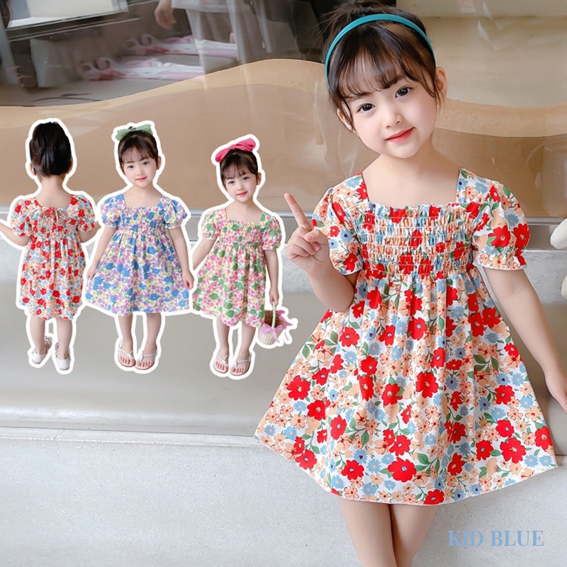 Đầm Hoa Cổ Vuông Tay Phồng Thời Trang Phương Tây Dễ Thương Cho Bé Gái
