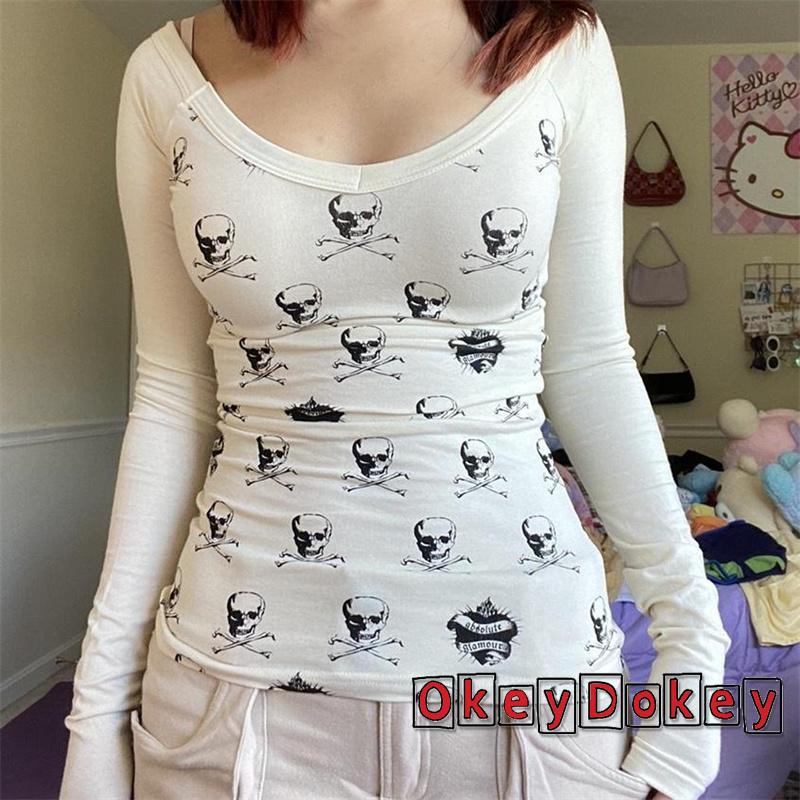 Áo Thun Crop Top In Hình Đầu Lâu Y2k Phong Cách Vintage Cá Tính Cho Nữ