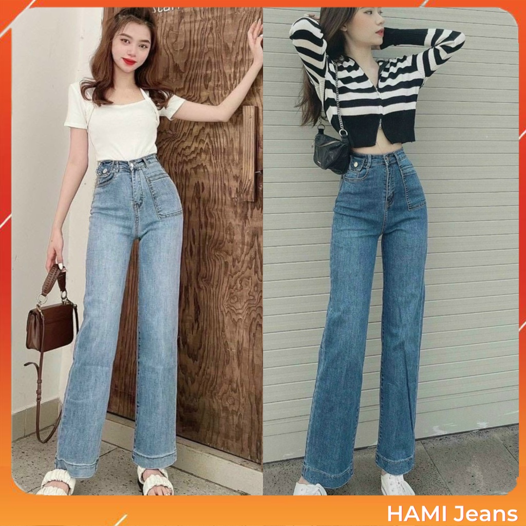 Quần jean ống đứng lưng siêu cao chất co giãn túi kiểu quần bò ống đứng co giãn
