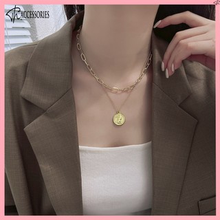 Vòng Cổ Nữ, Dây Chuyền Layer 2 Tầng Xu Tròn Phong Cách Cổ Điển Hàn Quốc VC001