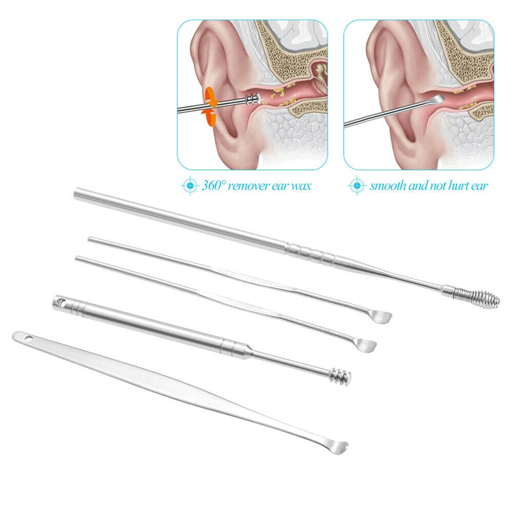 [sweet] 5Pcs/Set Stainless Steel Ear Pick Kit Ear Wax Removal Spiral Ear Picks Curette Remover Cleaner