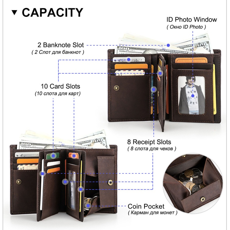 Youyo Ví Ngắn Gập Ba Bằng Da Bò Có Ngăn Đựng Thẻ Tín Dụng RFID Chống Trộm Vintage Cho Nam