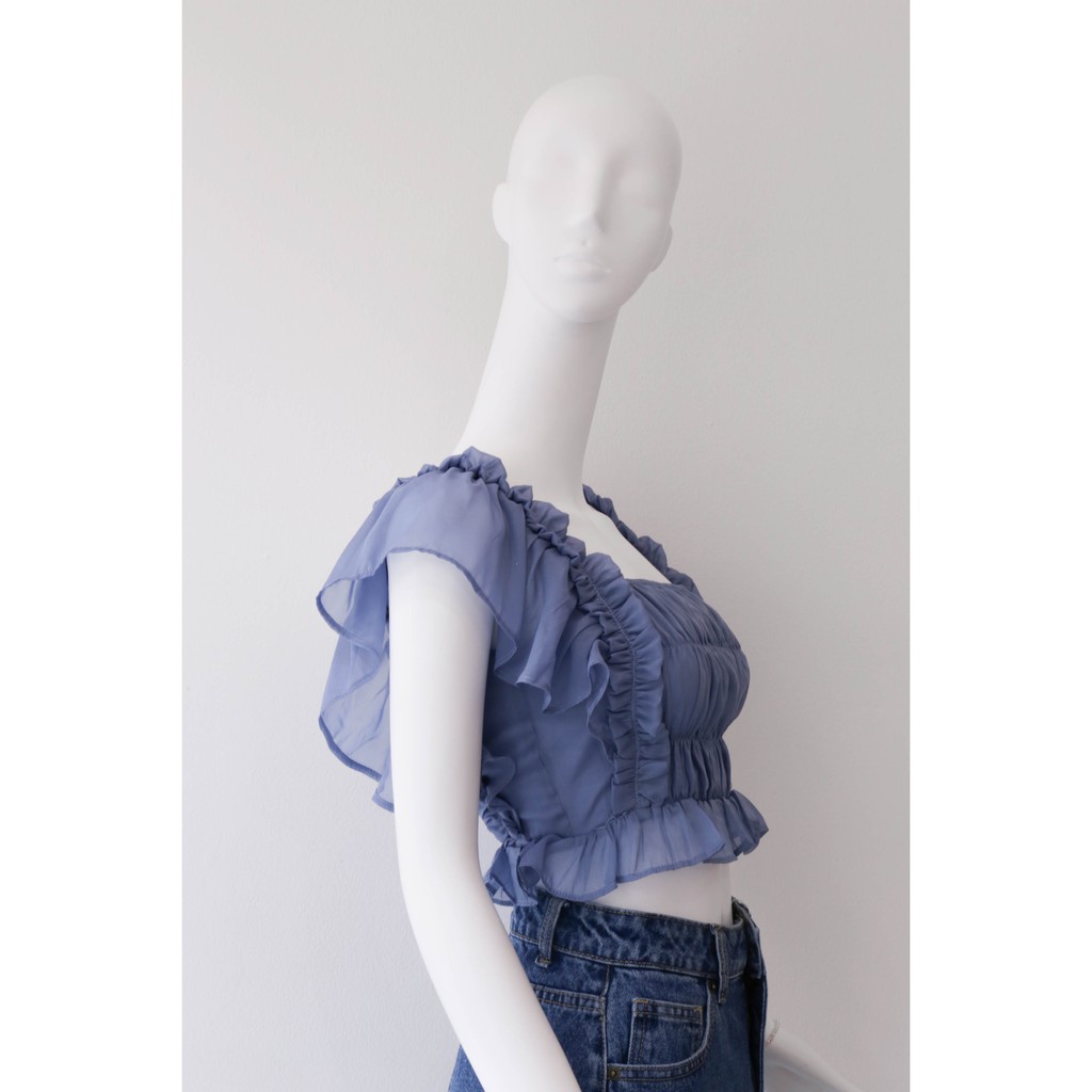 Áo voan freesize HEYBEE phom ngắn nhún bèo (2 màu) - BLUE BELL TOP HT630.