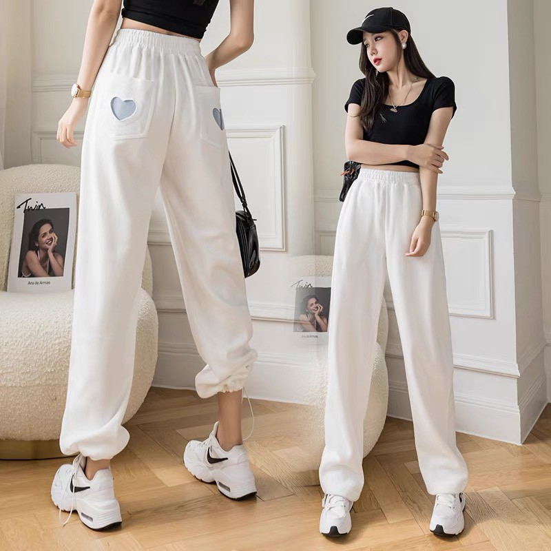 Quần Jogger nữ ống rộng, dáng suông bo gấu dây rút màu đen, trắng, ghi xám Freesize