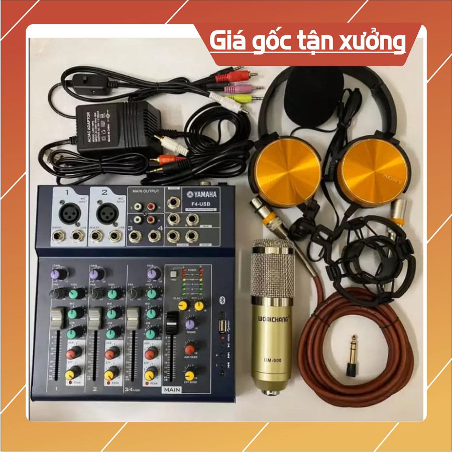 Combo Míc THU ÂM Livestream karaoke Mic BM900 MIXER YAMAHA F4 USB Bluetooth chính hãng Tặng tai nghe chụp