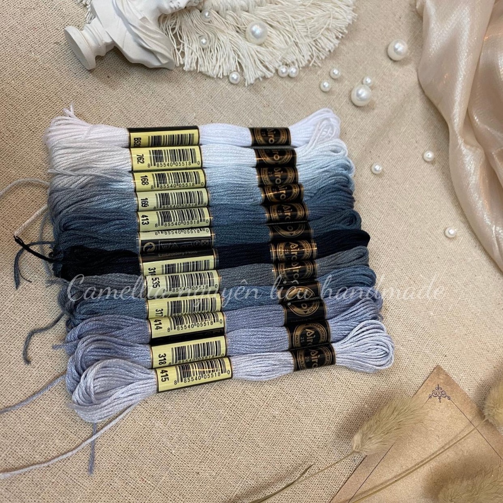 Set Chỉ Thêu Airo Tông Xám, Chỉ thêu Cotton Chính Hãng Chất Lượng Giá Rẻ