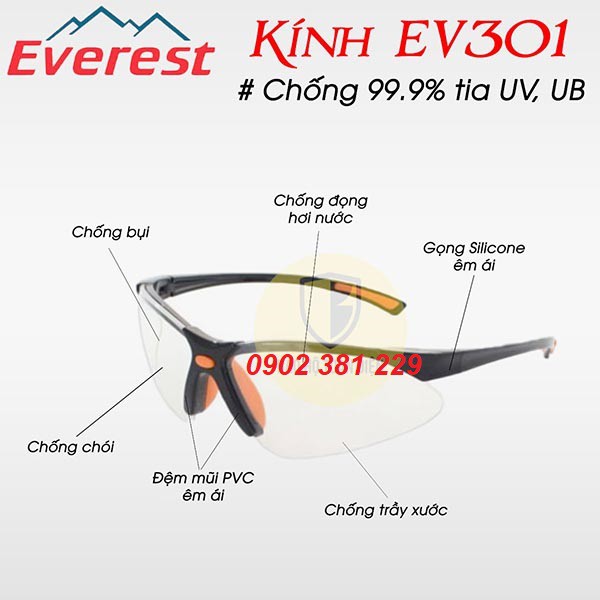 Kính bảo hộ chống đọng sương chống bụi và tia UV EVEREST 301