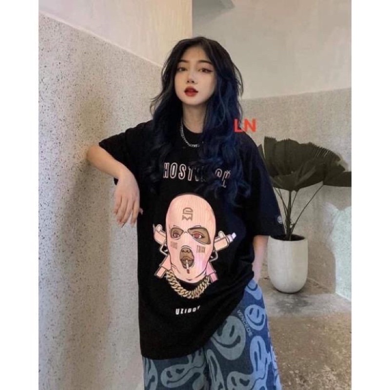 Áo thun hè tay lỡ mặt nạ hồng in 5D chất cotton form rộng dáng thụng nam nữ mặc đối nhóm giá rẻ freesize