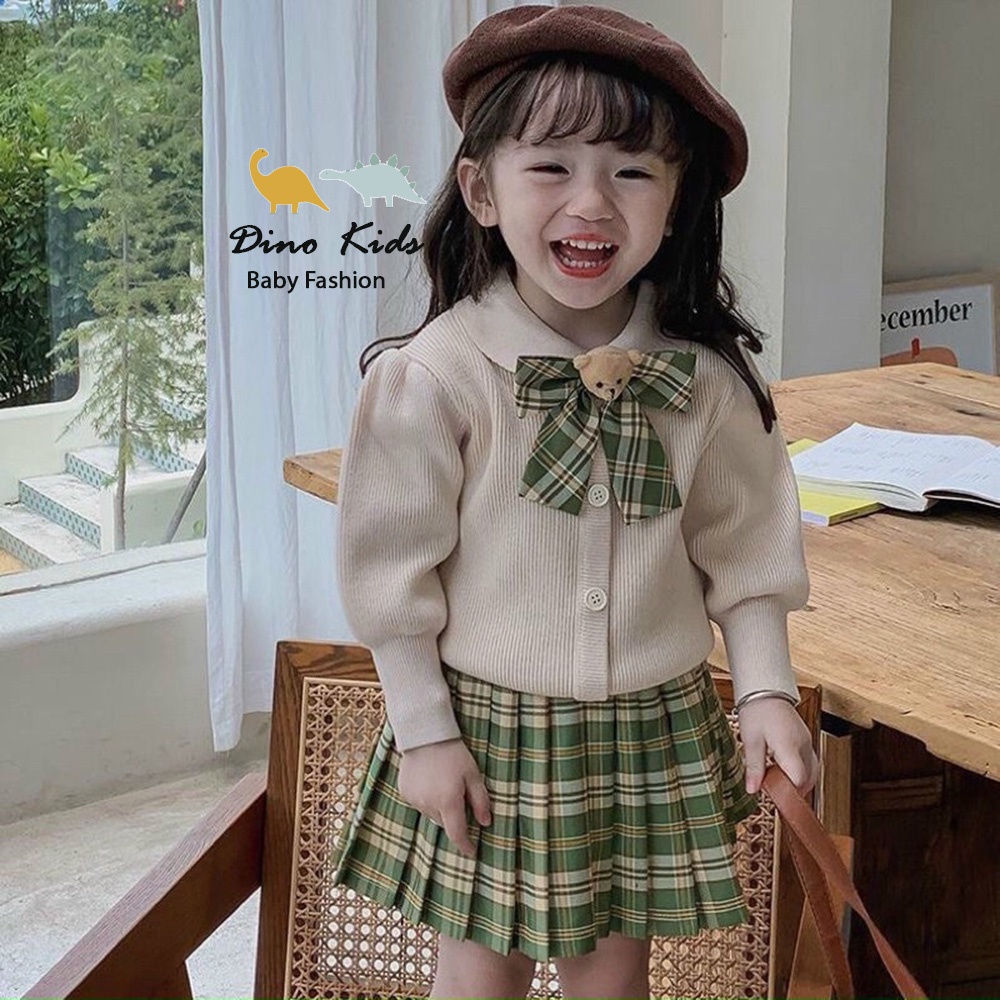 Váy cho bé gái, set váy dạ nhung TWEET 2 lớp kèm nơ gấu chân váy xếp ly siêu cấp cho bé