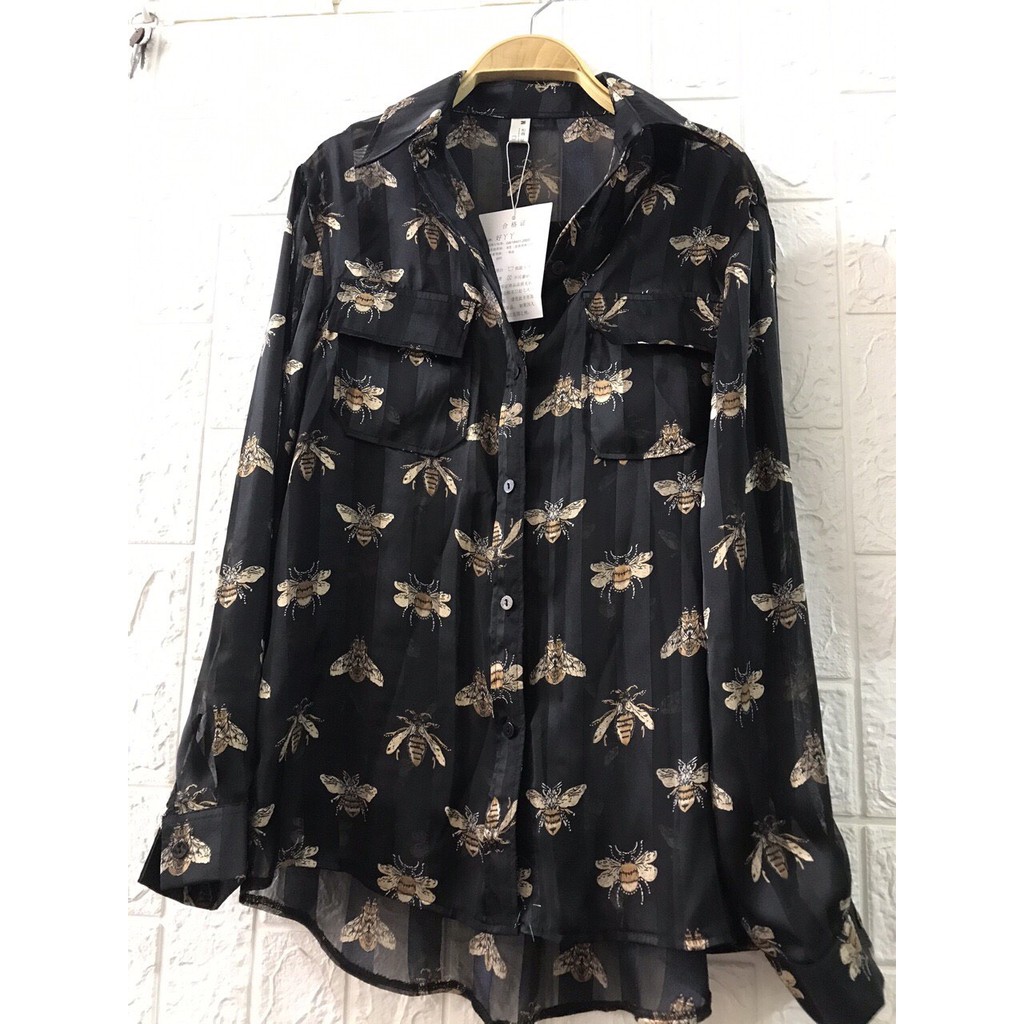 [HÀNG CHUẨN ẢNH 100%]Áo sơ mi cổ đức họa tiết con ong full 2 màu đen nâu | BigBuy360 - bigbuy360.vn