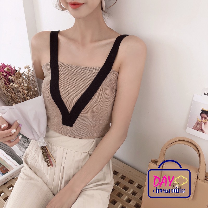 Áo dệt kim nữ cộc tay phối màu thời trang