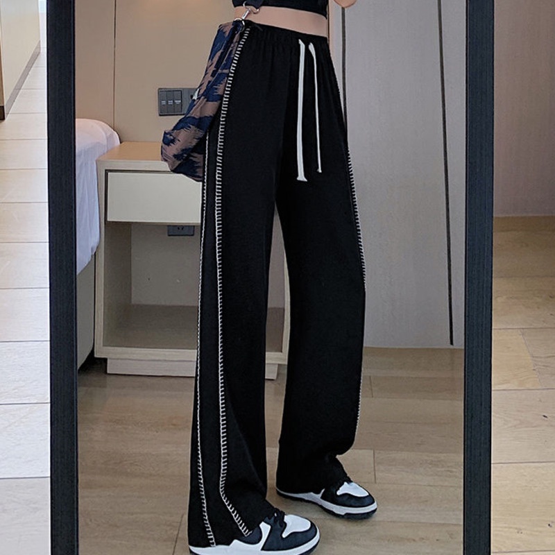 Quần Dài Ống Rộng Kẻ Sọc Hai Bên Màu Đen Thời Trang Hàn Quốc Độc Đáo