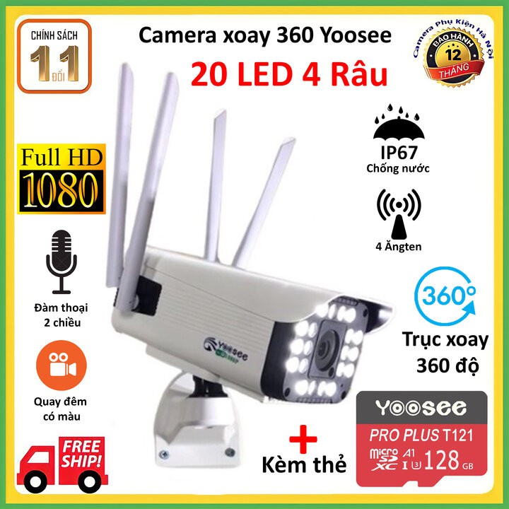 Camera wifi 360 ngoài trời Yoosee 20 LED 4 râu Kèm thẻ nhớ, Chống nước tuyệt đối Quay đêm có màu, hình ảnh Fullhd