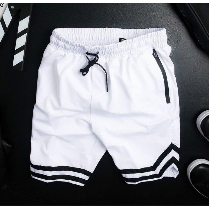 Quần short thể thao 💝FREESHIP💝 quần đùi unisex thun mềm mịn 2 viền đen - trắng túi khóa kéo năng động trẻ trung
