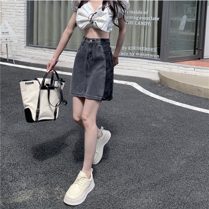 Chân váy jean Phối Màu Tương Phản Phong Cách Retro Thời Trang