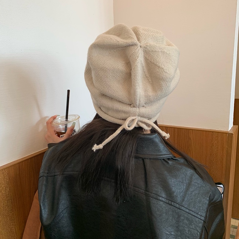Mũ Len Dệt Kim Màu Trơn Cột Dây Thời Trang Vintage Hàn Quốc Cho Nữ