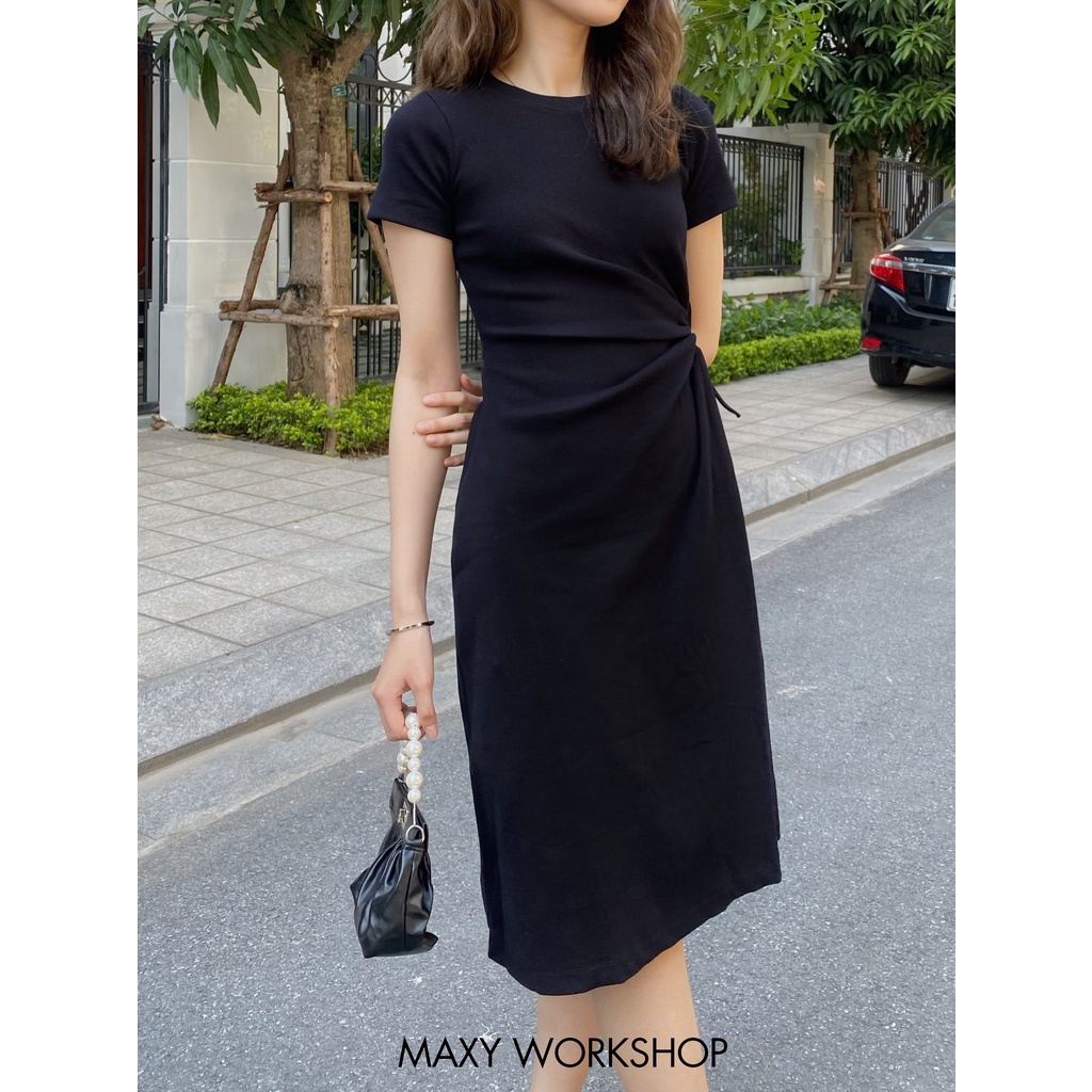 Đầm thun có tay thắt rút dây bên eo lạ mắt form xòe drawstring dress Maxy Workshop