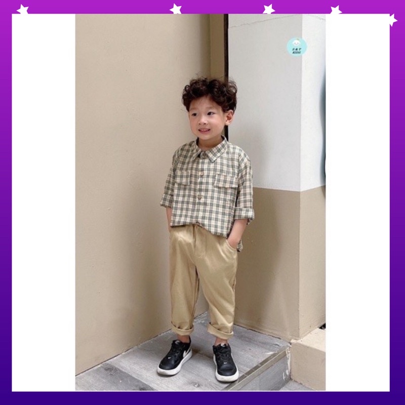 Bộ sơ mi bé trai FBABY kẻ caro phong cách Hàn Quốc, Set bộ bé trai sơ mi dài tay chất liệu thô đũi cao cấp từ 10-22kg💋