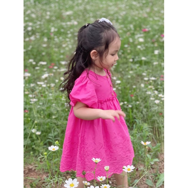 Váy Lennco hồng cánh sen tay bồng chân ren cho bé gái