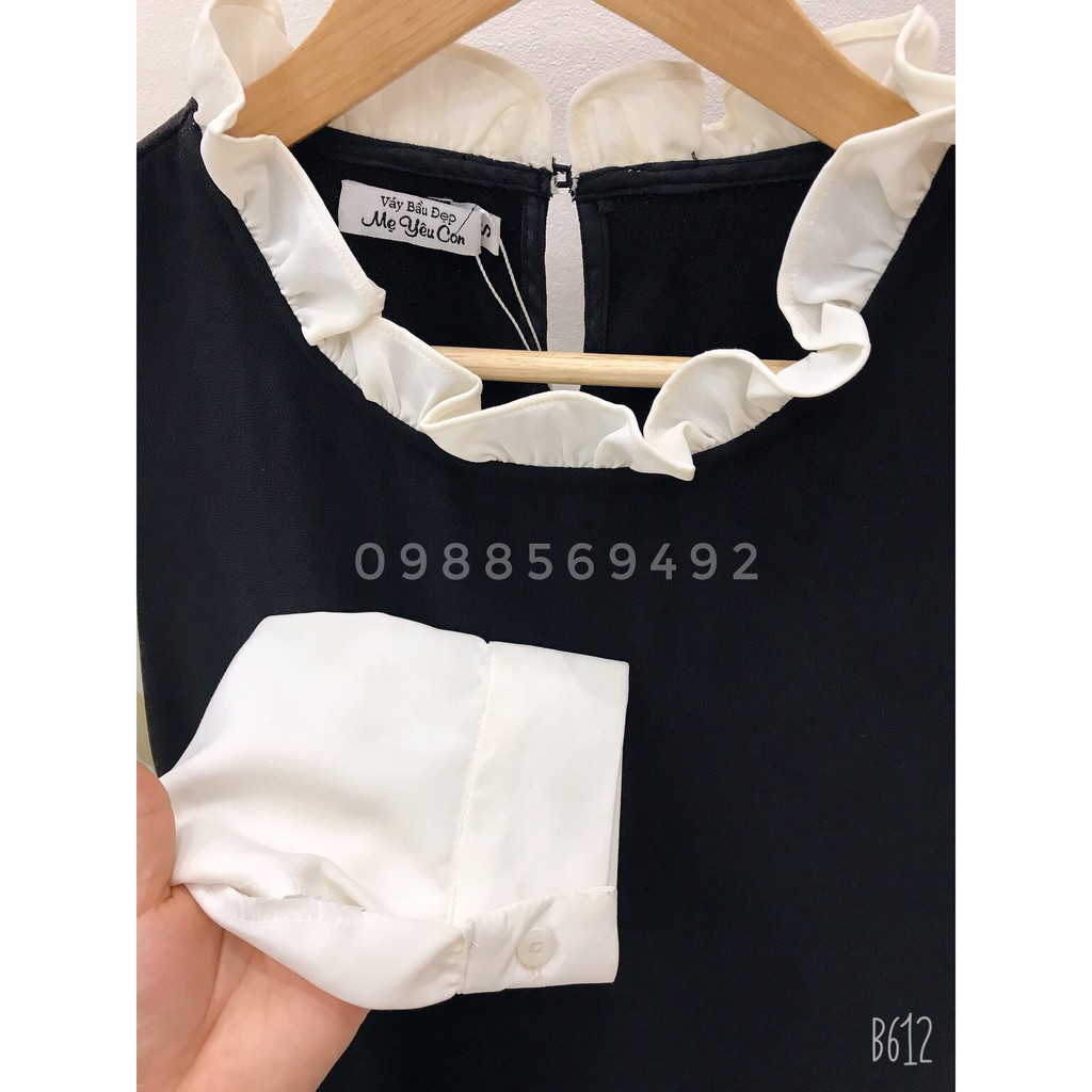 Váy Bầu Công Sở, Đầm Bầu Thu Đông Đen Phối Trắng Điệu Đà MYC 1266