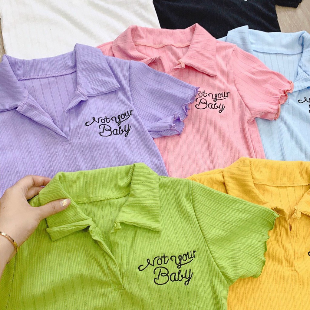 Áo croptop polo chất thun gân thêu chữ baby xinh đủ màu ảnh thật
