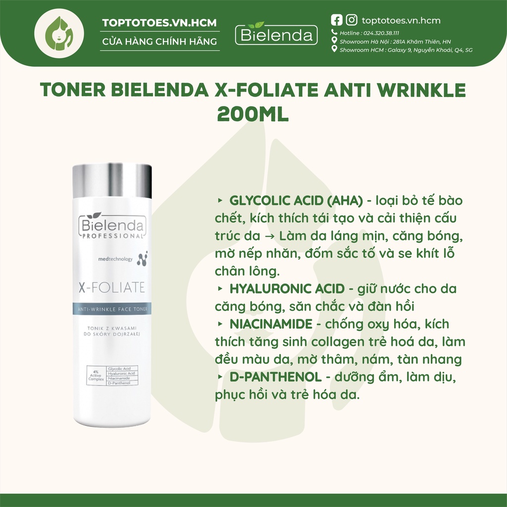 Toner trẻ hoá da Bielenda Professional X-FOLIATE Anti Wrinkle dưỡng ẩm và chống lão hoá 200ml