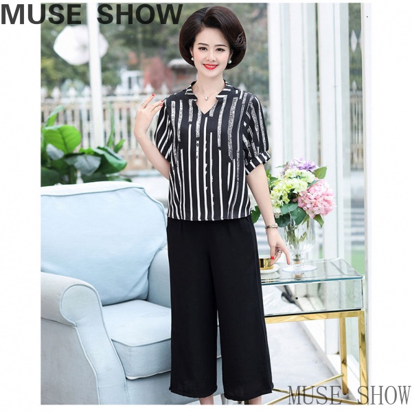 Set Áo chiffon Ngắn Tay Và Đầm Yếm Thời Trang Cho Phụ Nữ Trung Niên