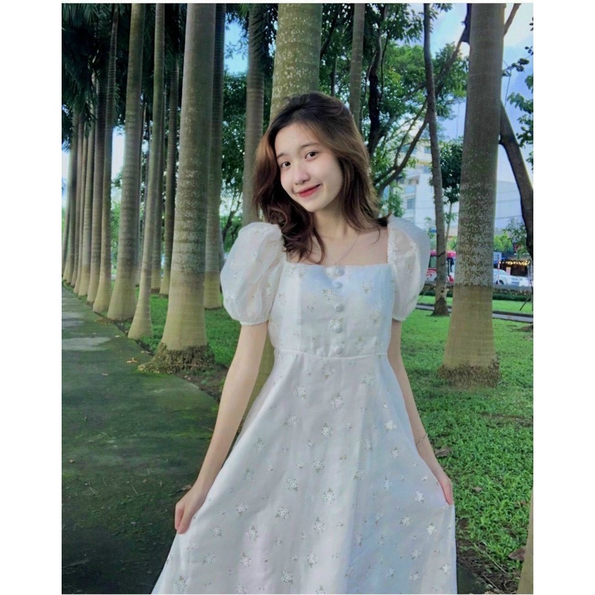Váy đầm nữ dáng xòe tay phồng họa tiết phối nút bọc chất voan cao cấp 2 lớp kiểu dáng thanh lịch trẻ trung