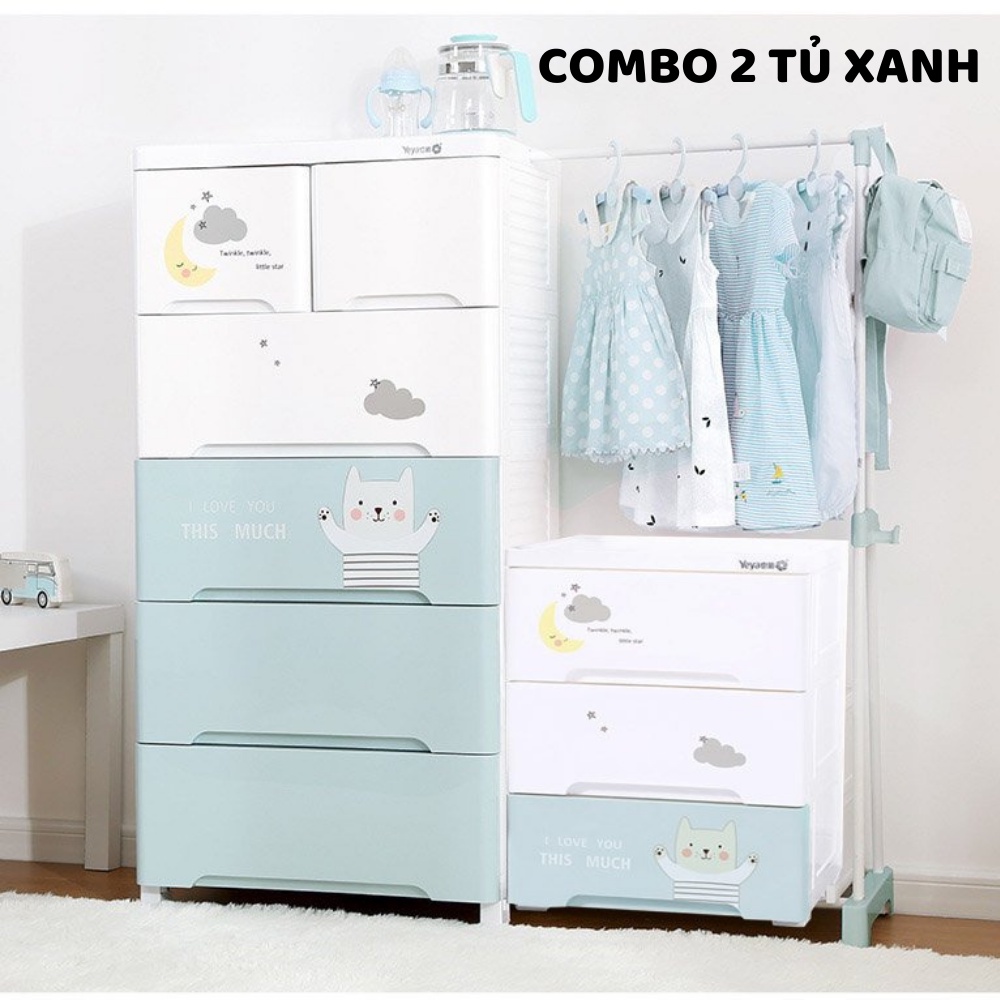 COMBO 2 TỦ QUẦN ÁO  cho trẻ sơ sinh Zozon, đựng đồ dùng cho bé 3,4,5 ngăn có cánh bánh xe,thanh treo