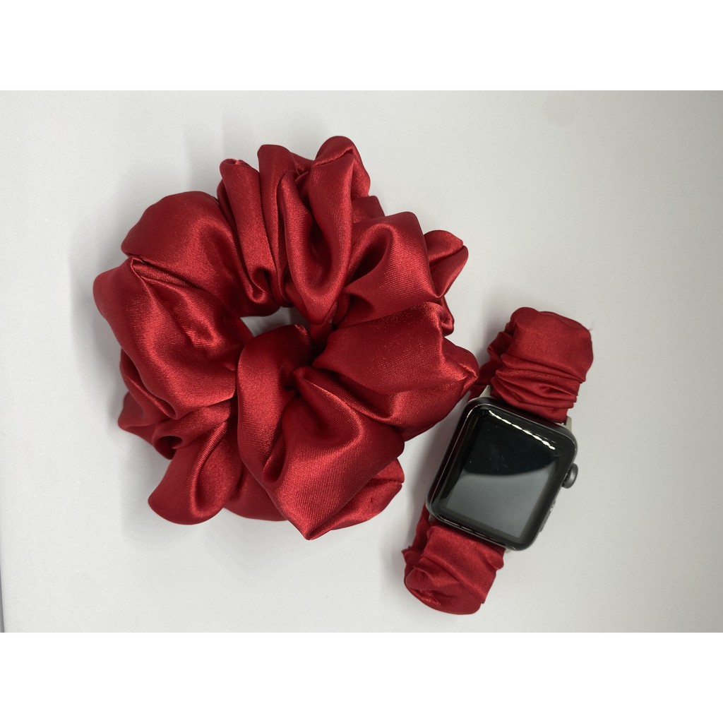 Combo dây đồng hồ apple watch và scrunchies dây cột tóc, buộc tóc vải satin lụa ĐỎ ĐÔ cao cấp