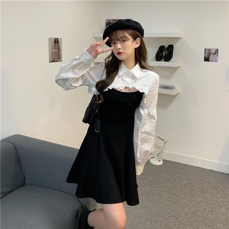 Set áo croptop sơ mi bèo trắng dài tay mix váy 2 dây xòe thời trang nữ diện thu Set23 | BigBuy360 - bigbuy360.vn