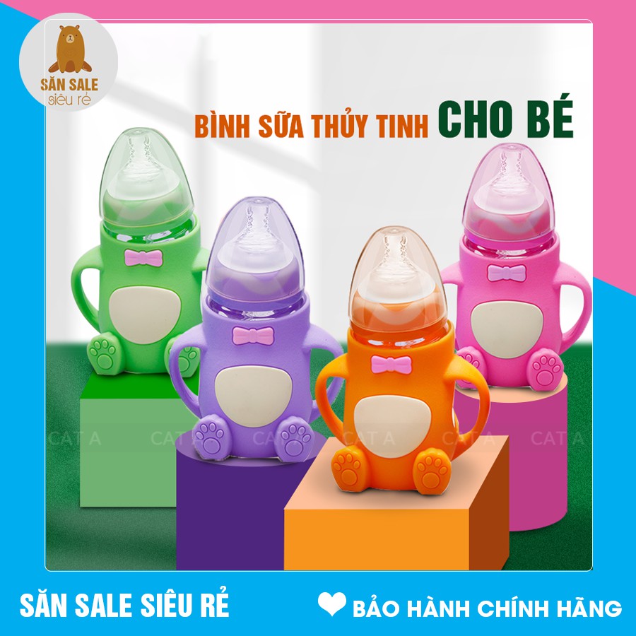 Bình Sữa Thủy Tinh Bình Ti Sữa Cho Bé Có Tay Cầm xinh xắn dễ thương - HÀNG MỚI VỀ [Dung tích 240ML]