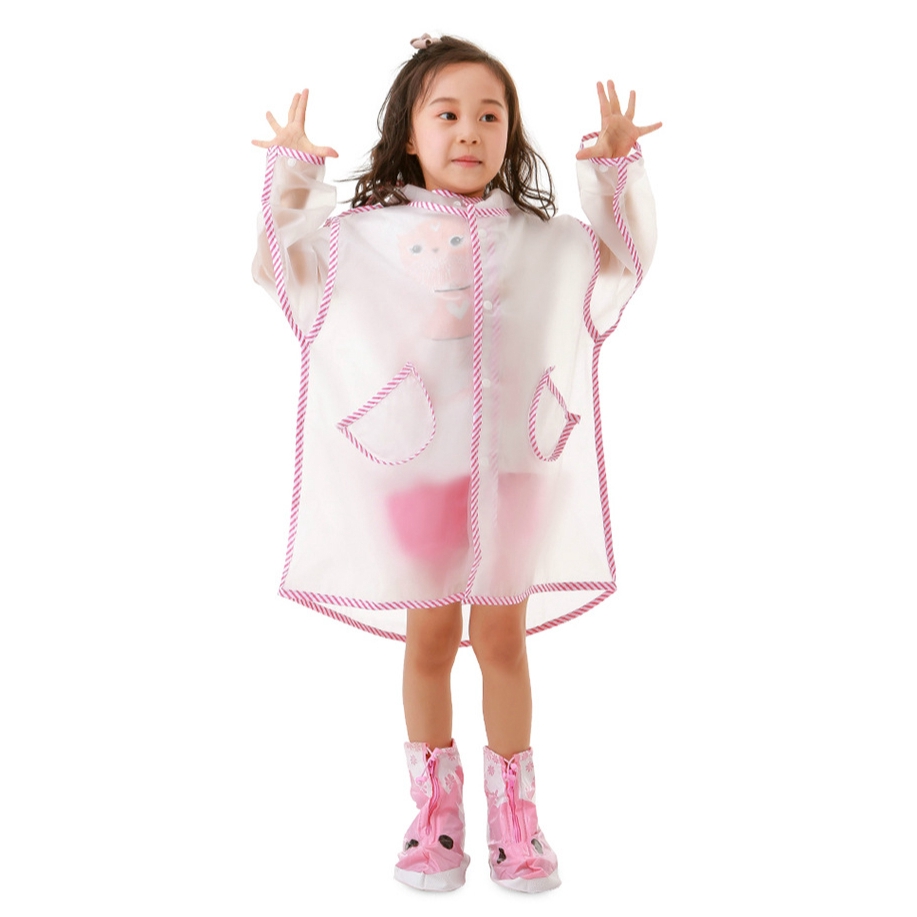 ♛Áo Mưa Trong Suốt EVA Dáng Dài Có Mũ Trùm Phối Tua Rua Kiểu Nhật Hàn Dễ Thương Cho Bé