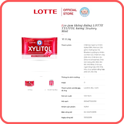 Kẹo gum không đường Lotte Xylitol vị Việt quất/Bạc hà/Dâu/ Cool cực the mát vĩ 11.6g