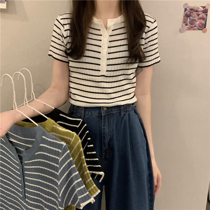 【Hana and Alice】Áo Dệt Kim Ngắn Tay Họa Tiết Kẻ Sọc Thời Trang