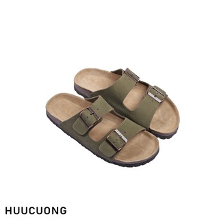 Dép huucuong 2 khóa da bò rêu đế trấu - dép handmade