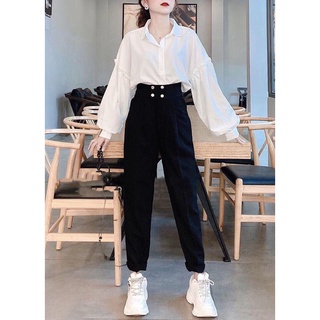 Sét Đồ Bộ Kiểu Nữ Đi Chơi Áo Sơ Mi Dài Tay Phối Bèo & Quần Dài 4 Khuy Cài Nổi Bật Thịch Hợp Mặc Đồng Phục