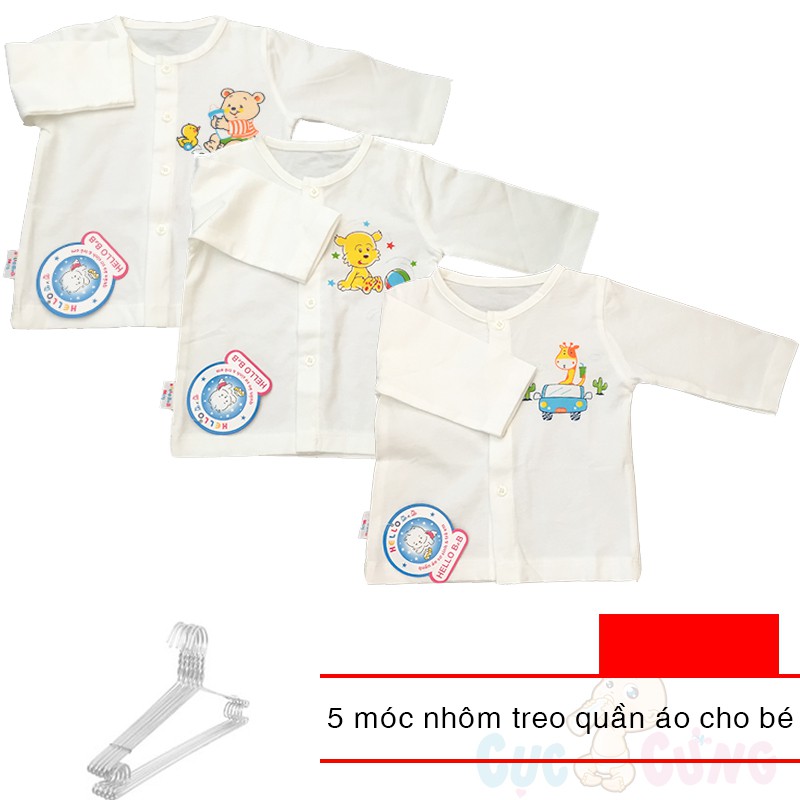 Bộ 3 Áo sơ sinh Hello B&B cài nút giữa tay dài số 3 họa tiết ngẫu nhiên TẶNG 5 móc nhôm treo đồ bé