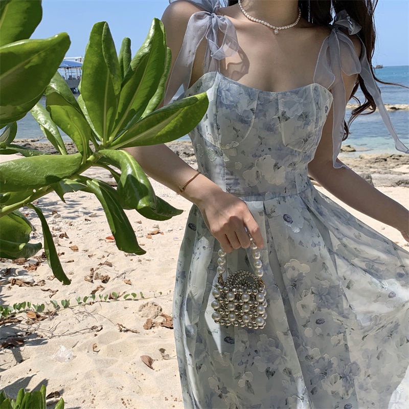 Đầm Lửng Hai Dây Ôm Eo In Họa Tiết Hoa Sơn Dầu Phong Cách Pháp Hàng Mới Thời Trang Mùa Hè Dành Cho Bạn Nữ
