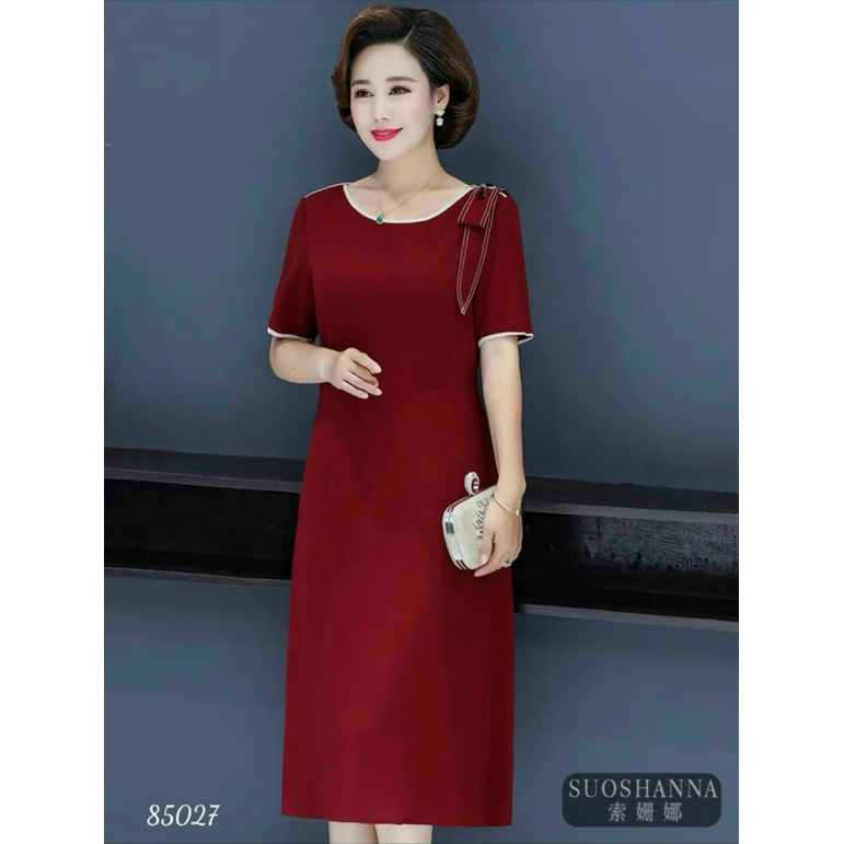 Đầm trung niên viền tay áo, dài qua gối chất cotton lạnh  mặc mát phong cách sang chảnh quý phái