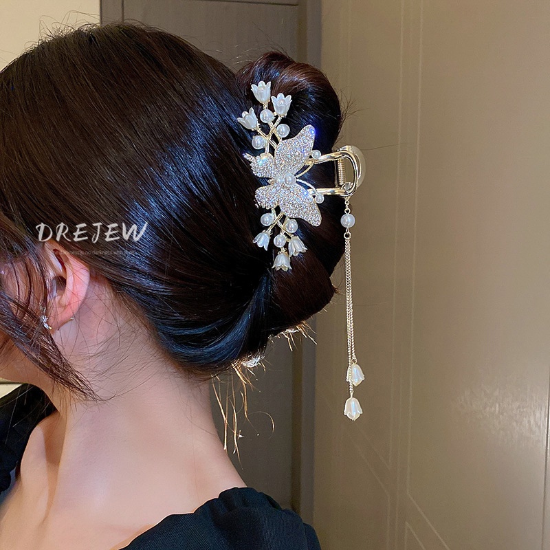 DREJEW Kẹp Tóc Tua Rua Hình Bướm Đính Đá Ngọc Trai Sang Trọng Phong Cách Nhật Hàn Cho Nữ