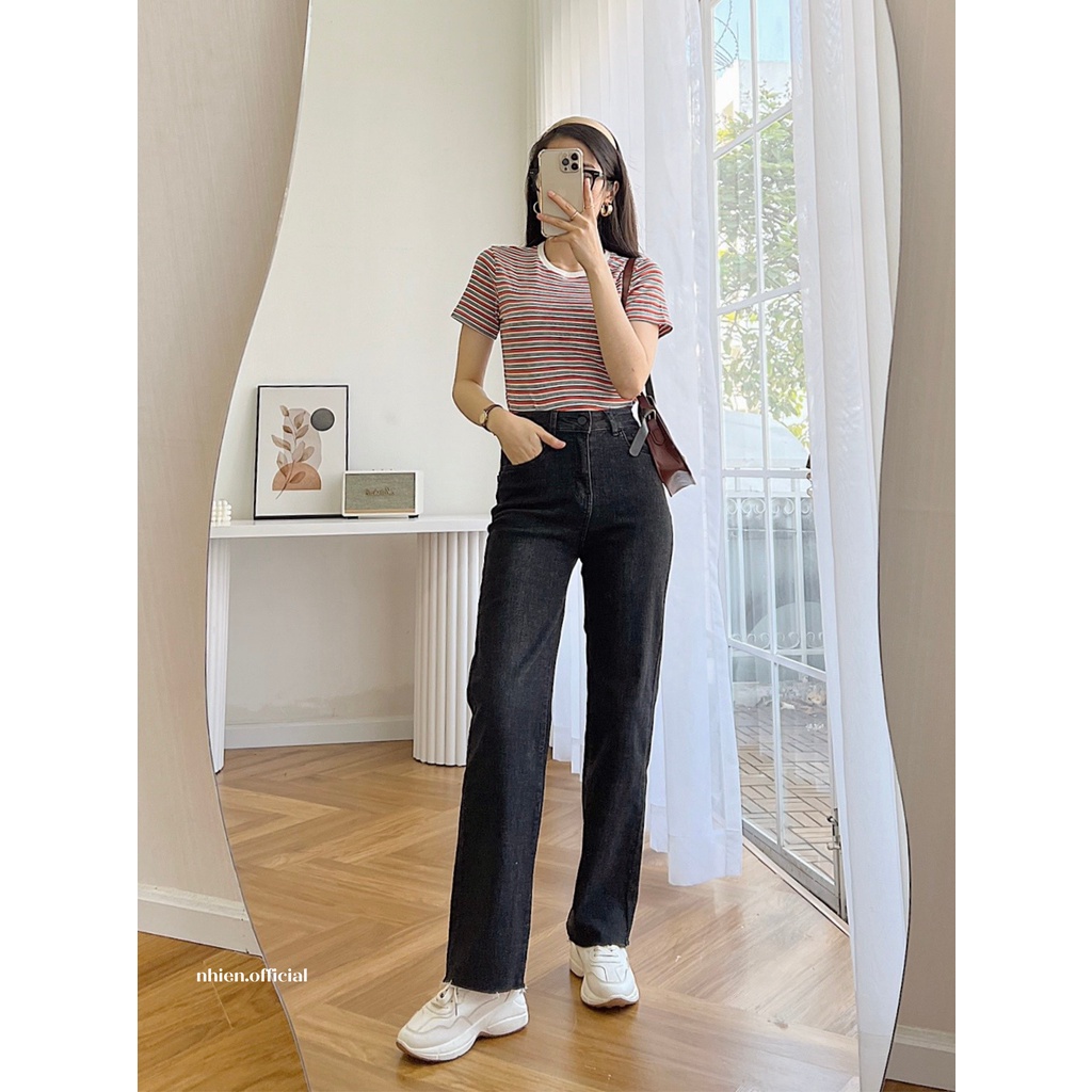 Áo thun nhiennhienvintage cotton tay ngắn họa tiết kẻ sọc phong cách Hàn Quốc thời trang mùa hè 2022 dành cho nữ AT102
